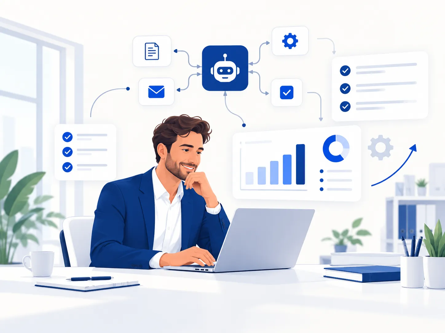 Dirigeant souriant devant son ordinateur, entouré de schémas d’automatisation par l’IA