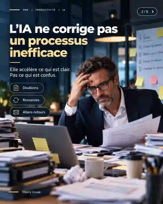 L’IA ne corrige pas un processus inefficace : elle accélère ce qui est clair, pas ce qui est confus. Doublons, ressaisies, allers-retours.
