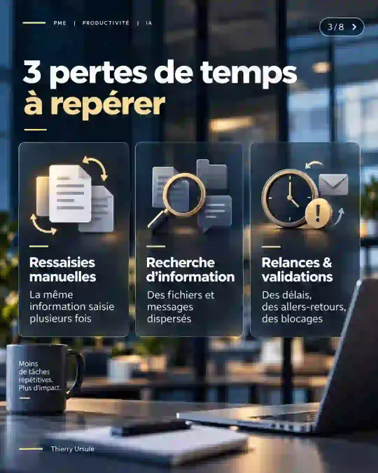 3 pertes de temps à repérer : ressaisies manuelles, recherche d’information, relances et validations.